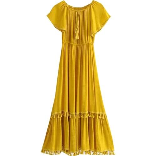 PERHAPS U Yellow Bow Slash Neck Off Shoulder Short Sleeve Tassel Elastic Waist Long Dress Empire Summer Beach Holiday D1493