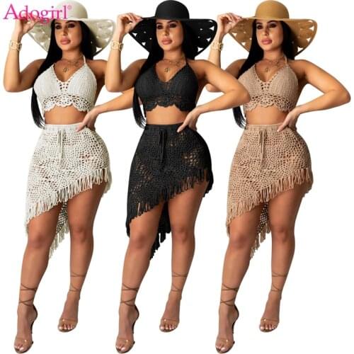 Adogirl Hand Crochet Beach Two Piece Set Dress Knitted Bra Top Tassel Asymmetrical Skirt Suit Women Summer Swimwear Cover-up