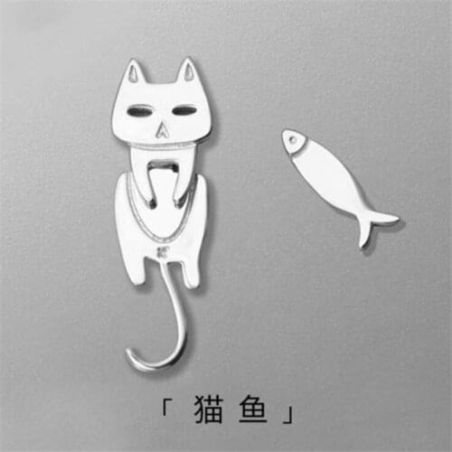 925 Sterling Silver Fish Cat Stud Earrings Asymmetric Cute Trendy Fine Earrings Accessories for Women Girls Jewelry Gifts SE002