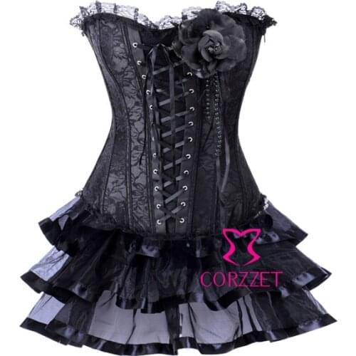 Women Burlesque Clubwear Lace & Satin Black Sexy Corset Dress Strapless Overbust Push Up Bustiers & Corsets Set With Tutu Skirt