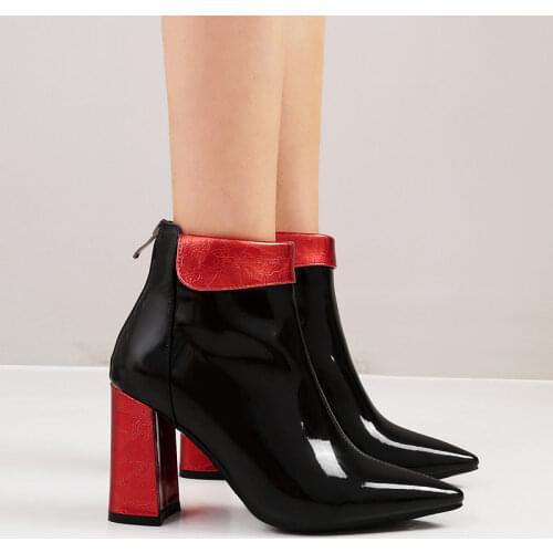 2020 Women Boots Faux Leather High Heel Ankle Boots Sexy Fashion Zipper Motorcycle Boots Autumn Winter Ladies Pointed Toe Boots