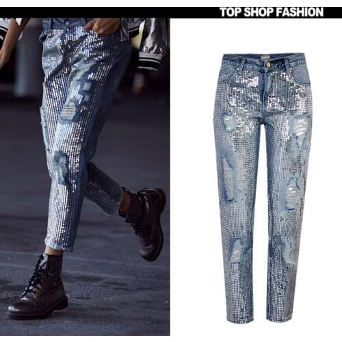 TREND-Setter 2018 Spring Fashion Sequins Ripped Jeans Women Hole Denim Ankle-Length Pants Streetwear Autumn Trousers Women