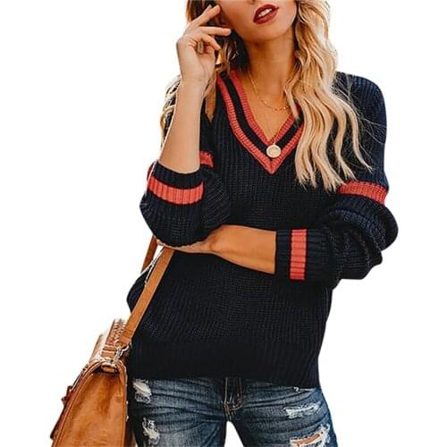 Fashion Women Sweater Autumn Winter Knitted Pullover Top Long Sleeve Striped V Neck Knitwear Elegant Ladies Loose Streetwear