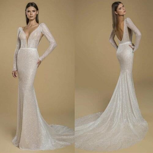 2021 Long Sleeves Wedding Dresses V Neck Lace Sequins Mermaid Bridal Gowns Custom Made Open Back Sweep Train Robe De Mariée