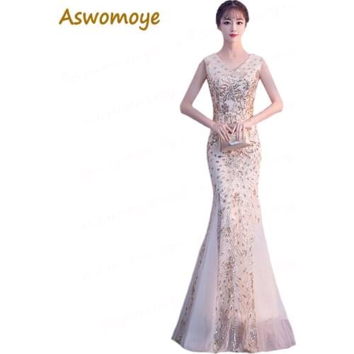 Aswomoye Mermaid Evening Dress 2018 Appliques Shinning Sequined Party Dress V-Neck Prom Dress Custom Size Robe De Soiree