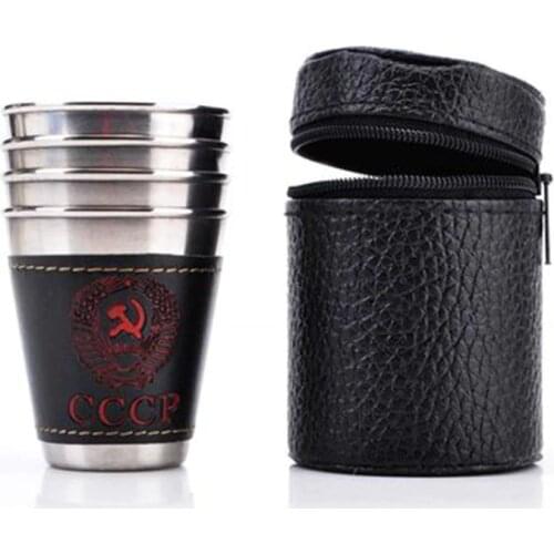4pcs/set Travel camping Cup Stainless Steel Travel Cups Outdoor Camping Tableware Mugs Wine Beer Whiskey Bottle PU Leather 70ml