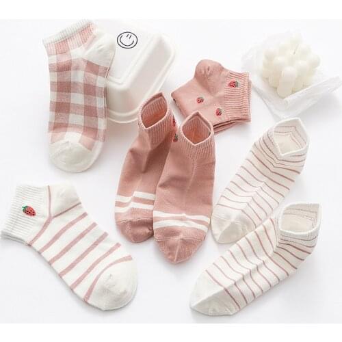 5 Pairs Women Socks Set Cotton Striped Low Tube Socks High Quality Casual Sport Girl Pink Strawberry Cow Crew Kawaii Cute Socks