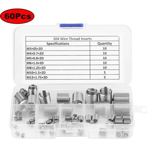 60pcs M3-M12 Stainless Steel Thread Repair Insert Kit Wear Resistant Wire Screw Sleeve 304 Stainless Steel Wire Braces Bushing