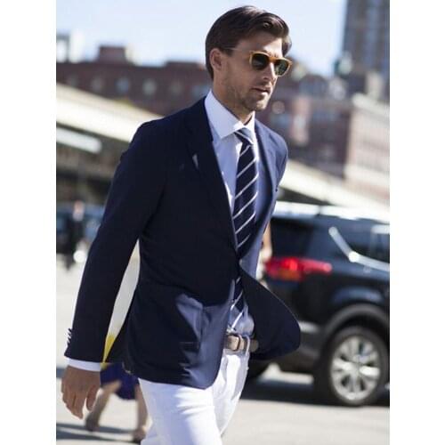 ANNIEBRITNEY Dark Blue 2 Piece Slim Men Suit With White Pants Tailor Made Skinny Groom Wedding Tuxedo Prom Wedding Men Suit Set