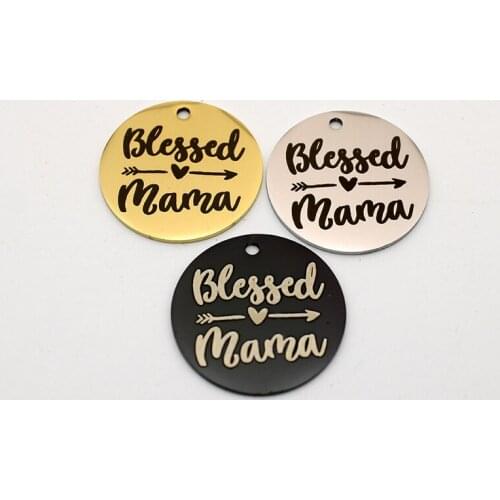 Blessed Mama Charms Stainless Steel Pendant High Polish Mirror Surface Laser Logo Charm DIY Handmade Accessories