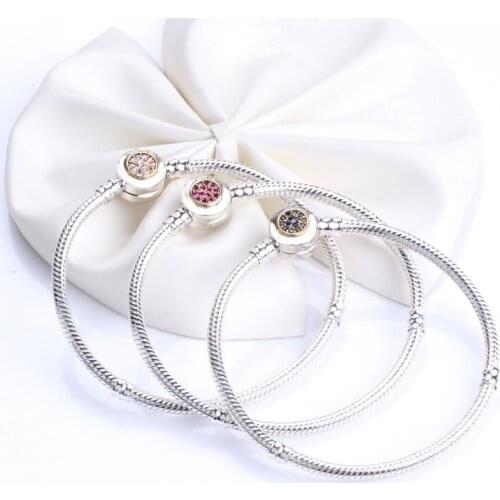 100% 925 Sterling Silver Pan Bracelet New classic snake bone chain shining snowflake base Bracelet Fit DIY Charm Women Jewelry