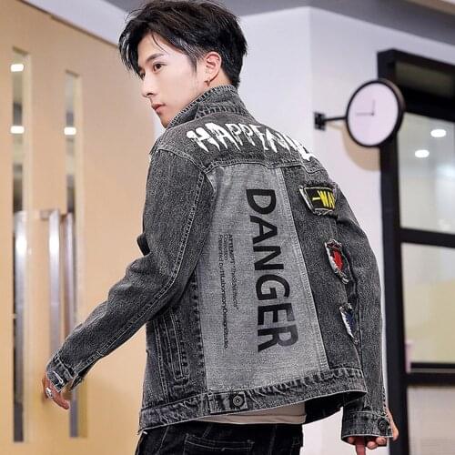 Spring Autumn 2020 new printed denim male teenager students Korean style street slim handsome fashion denim jacket casual coat