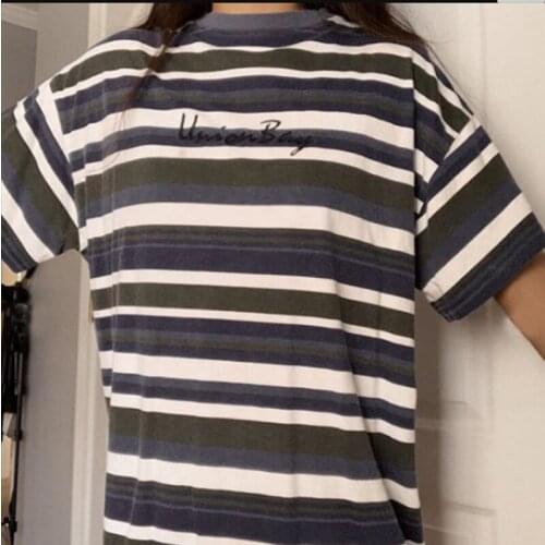 Harajuku Striped Oversized T Shirts Women 2021 Vintage Letter Tee Shirt Femme Casual Loose Short Sleeve Plus Size Tops T-shirts
