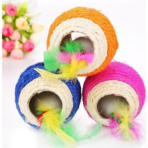 Cat Toy Ball Toy of Cat Rolling Sisal Scratching Natural Sisal Ball Two-hole Feather Sisal Ball Toy Tease Pettoy Pet Product