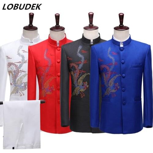 Chinese Tunic Suit Host Chorus Chinese Style Stage Performance Suits Adult Costume Stand Collar Crystals Blazer Pants 2-Pieces