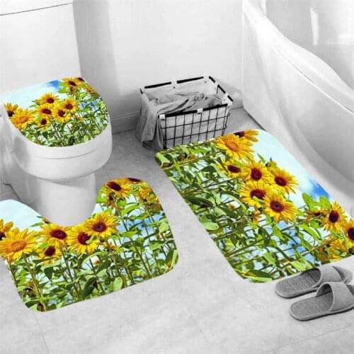 3pcs Set Sunflower Printed Shower Mats Floral Plants Anti-slip Fabric Material Bathroom Decorations Lid Toilet Cover U Shape Mat