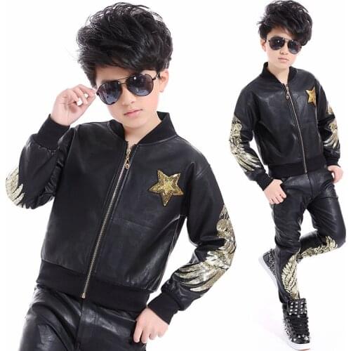 Boys Hip Hop Dance Costumes Black Leather Sequins Coat Pants Kids Jazz Performance Clothes Children Street Dancewear DNV12476