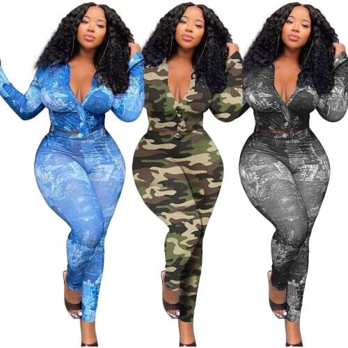 Fashion Shirt Lotus Leaf Sleeve Printing Suit Camouflage One Piece Women Set Drop Shipping