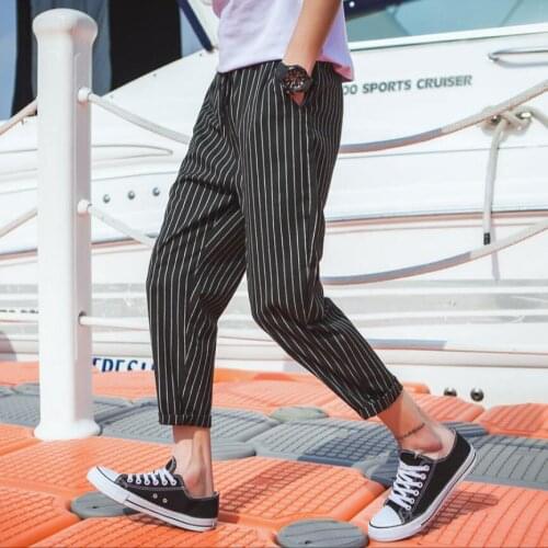 M-5xl Pants Mens Korean Version Trend Loose Feet Casual Pants Vertical Stripes Nine Pants Hairstylist Personality Harem Pants