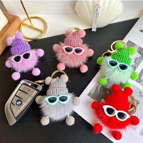 Kawaii Small Briquette Keychain PomPon Fashion Glasses Bag Charm Accessories Couples Funny Toy Keyring Boy Girl Best Gift New