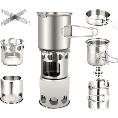 Outdoor Camping cookware Set Wood Stove Cooking Pot Set Stainless Steel Tableware Folding Cookware for Backpacking Fishing