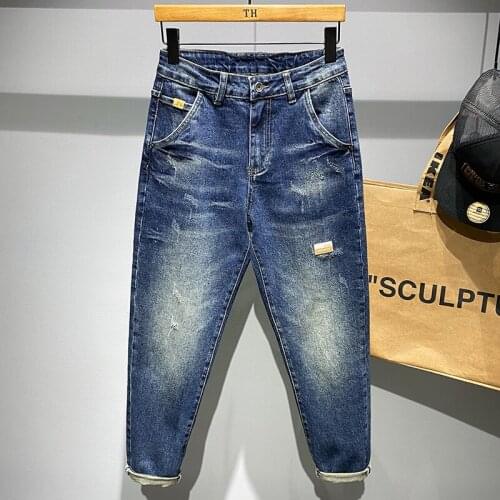 New Vintage Skinny Jeans for Men Wash Bleach Wear Tear Ripped Fashion Street Casual Elasticity Cotton Male Denim Pants