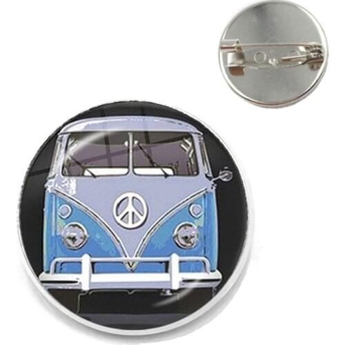 New Design Peace Sign Van Bus Brooch Pin Fashion Silver Color Glass Cabochon Hippie Car Badge Brooches Collar Pins For Women
