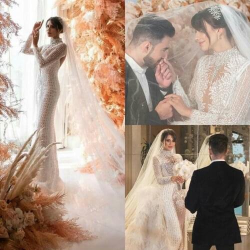 Luxurious High Collar Mermaid Wedding Dresses Backless Long Sleeve Crystal Beaded Bridal Gowns with Detachable Train