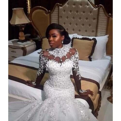 Glamorous Wedding Dresses High Collar Beaded Appliqued Lace Long Sleeve Mermaid Vestidos De Novias