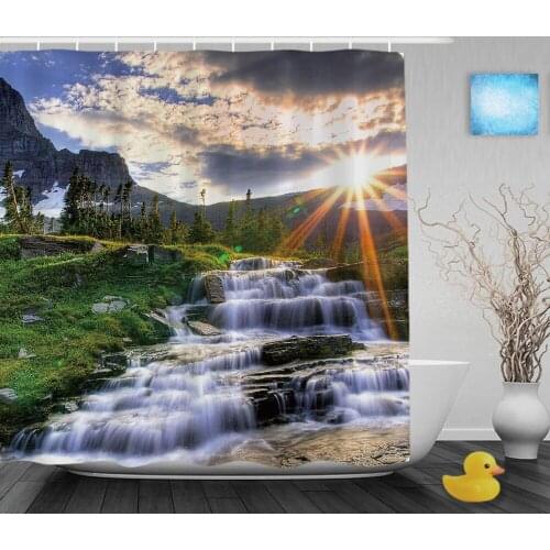 Natural Scenery Sunset Waterfall Shower Curtain Mountain Tree Bathroom Curtain Waterproof Fabric Bathroom Shower Curtains