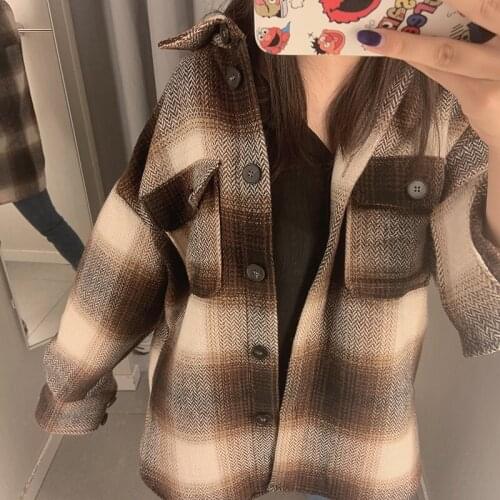 Mash Up Outwear Oversized Coat Women Plaid Jacket 2021 Spring Korea Brown Button Long Sleeve Coat Casual Office Warm