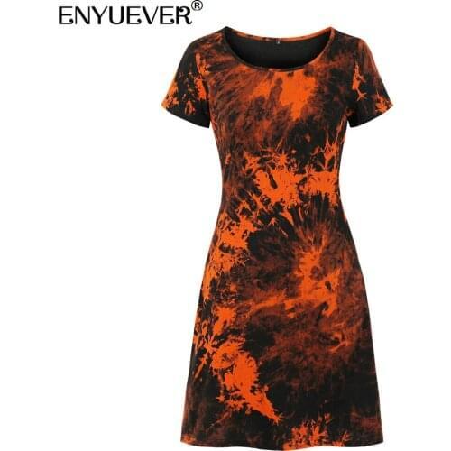 Enyuever Women Summer Dresses Casual Clothes Short Sleeve Elegant Simple High Street Tie Dye Print Party Ladies Dresses Vestidos