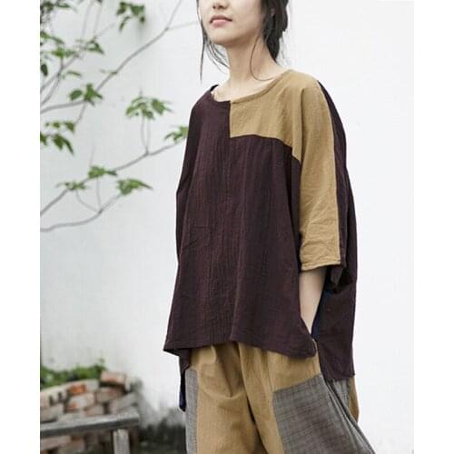Johnature Vintage Patchwork Color T-Shirts For Women O-Neck Seven Sleeve Loose 2020 Autumn New Original Female T-Shirts