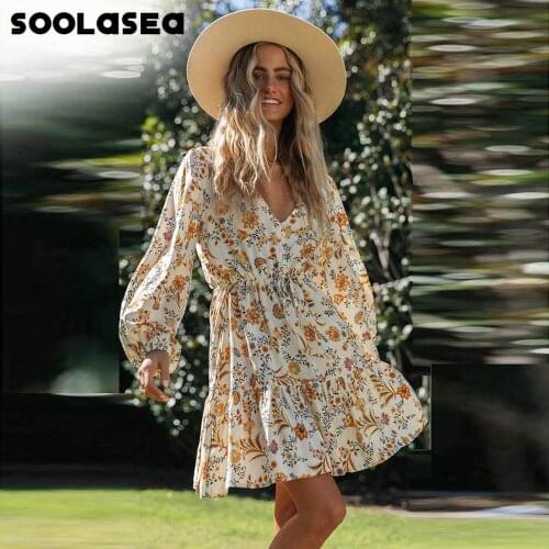 Soolasea 2021 Women Boho Printed Mini Dress Summer Square Collar Sexy Beach Dress Short Sleeve Holiday Casual Dress Vestidos