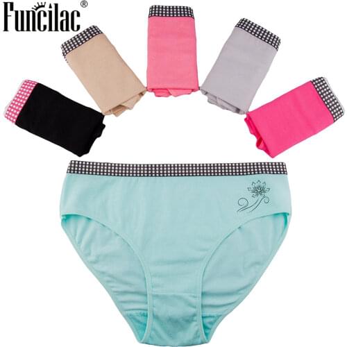 FUNCILAC Womens Underwear Plus Size Briefs Solid Female Knickers Briefs For Women Cotton Fashion Girls Cozy Panties 5Pcs/Lot
