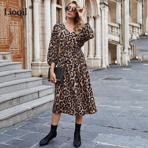 Casual Leopard Print Midi Dress Women 2020 A Line Lantern Sleeve V Neck Autumn Winter Ladies Vintage Pullover Long Dresses