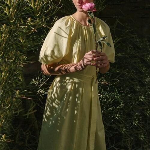 Johnature French Vintage Bandage Dress For Women 2021 Summer New O-neck Short Sleeve Loose Solid Color Dresses