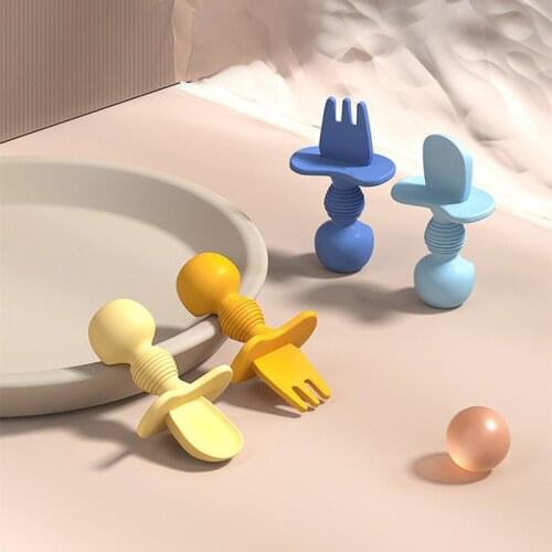 2 Pcs Baby Spoon Fork Set Soft Silicone Teether Toys Anti-slip Learning Training Feeding Spoon Utensils Tableware BPA Free