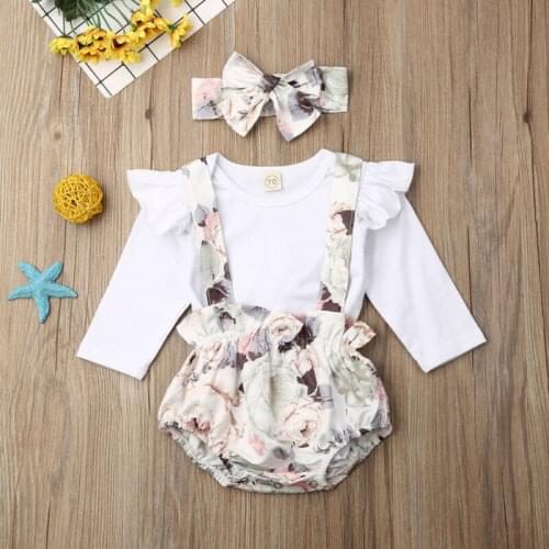 Newborn Baby Girl Clothes Long Sleeve Cotton Bodysuit Tops Floral Suspender Bloomers Shorts Headbands 3pcs Set Baby Clothing Set