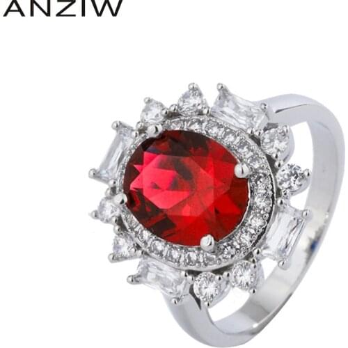 ANZIW Sterling Silver Red Oval Cut Lab Created Ruby Vintage Luxury Halo Engagement Ring for Women Jewelry Gifts