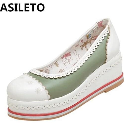 ASILETO 2021 Sweet Pumps Lolita Platforms Cute Slip On Candy Color Party Thick Sole Shoes Pink Orange White Grey Green A4524