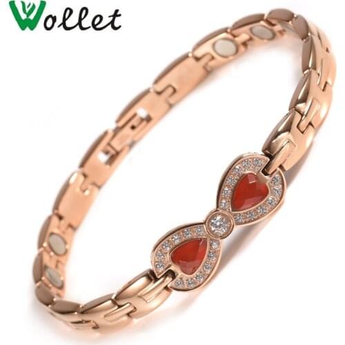 Wollet Jewelry 316L Stainless Steel Bio Magnetic Bracelet Bangle For Women CZ Stone Girl Cute Red Knot-bow Magnets