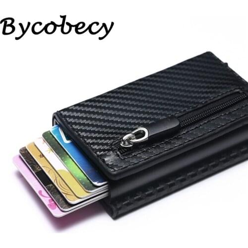 Bycobecy RFID Carbon Fiber Wallet Smart Card Holder Vintage PU Leather Coin Purses Magnetic Closing Mini Men Wallet Carteira