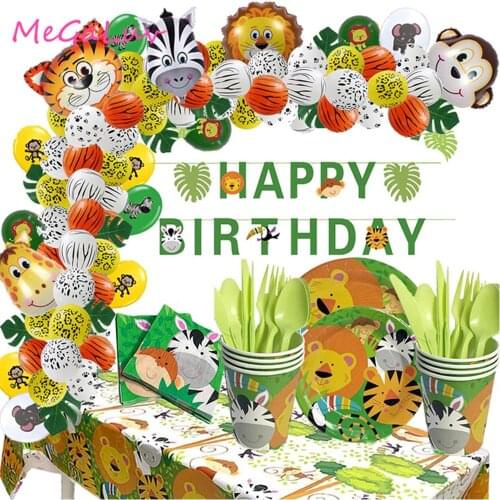 Safari Animal party Decor Tableware Plate Cup Birthday Party Decor Lion Tiger Ballons Baby Shower Boy Jungle Zoo Party Supplies
