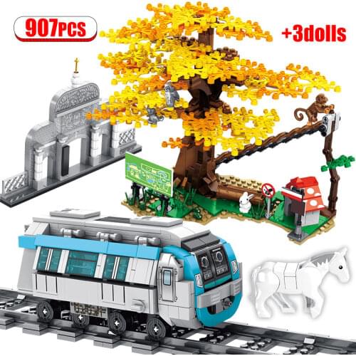City Train Rail Tracks Railway Car Station Bricks Creator Street View Tree House Building Blocks Figure Toys For Kids