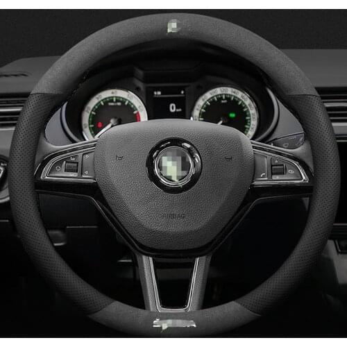 For Skoda 3D Laser Printing Logo Cow Leather Car Steering Wheel Cover Fit Rapid Octavia RS VRS Spaceback Superb Derivative