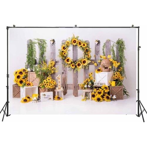 Baby Girl 1st Birthday Photography Backdrop Cake Smash Portrait Background Easter Spring Sunflowers Wreath Fence Studio Photos