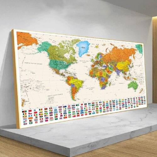 Big Size The World Map Canvas Painting Poster Retro English Map with National Flags for Travel Living Room Office Decor