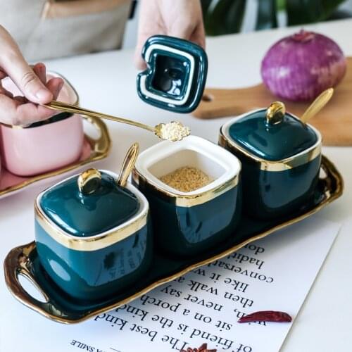 Ceramic seasoning pot Nordic household kitchen 3pcs set seasoning pot salt shaker seasoning bottle sugar bowl seasoning box hot
