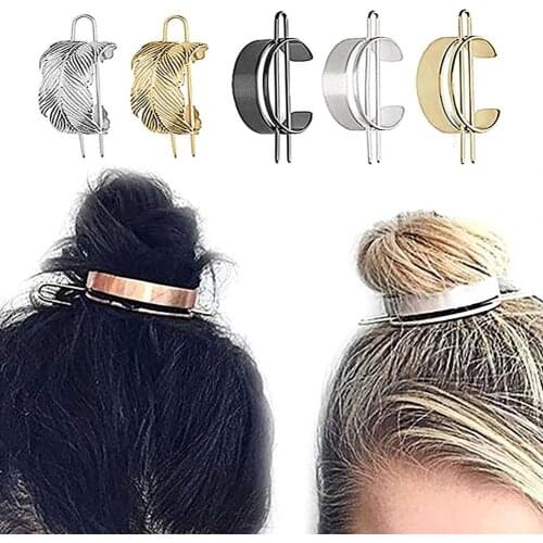 Hair Cuff Bun Feather Shape Hair Stick Alloy Round Non-Slip Hair Bun Holder Cage Hair Accessories